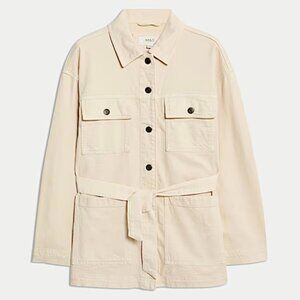 M&S Cream Coloured Belted Denim Jacket - Sz 12 (US); Sz 16 (UK)